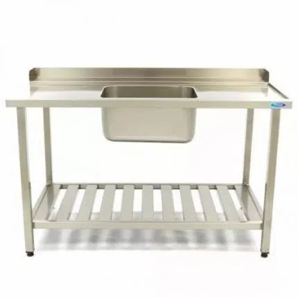 Gastro Geschirrspültisch - 120 x 75 cm - links - mit Waschbecken und Backsplash - inkl. Lagerregal | Maxima 09201034 - 09201034