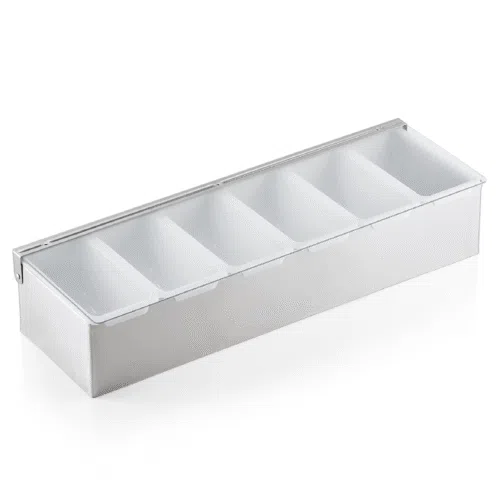 Zutatenbehälter, mit 6 Einsätzen à 0,45 ltr., 45 x 15 x 9 cm, Chromnickelstahl, Acryl - 1464006 - 1464006
