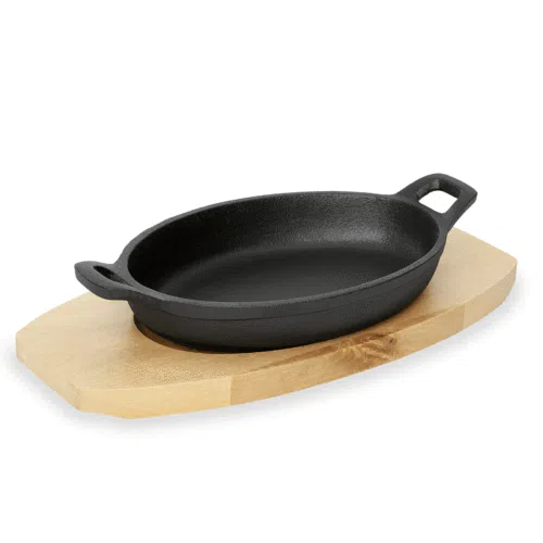 Servierpfanne IRON DINING, mit Holzuntersetzer, 15,5 x 9,5 x 3 cm, Gusseisen, Holz - 3536155 - 3536155